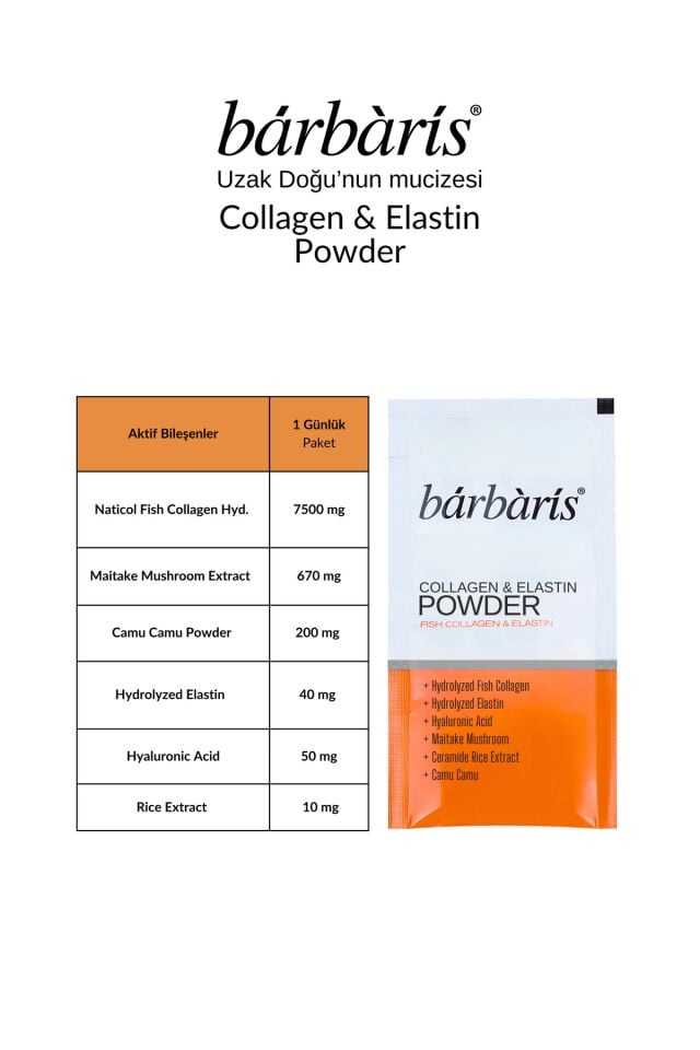 Collagen & Elastin Powder (Balık Kolajeni Tip1-3) - 30 Şase - Hidrolize Kolajen, Hidrolize Elastin, Mayteke Mantarı, Hyalüronik Asit, Pirinç Esktresi, Kamu Kamu İçeren Takviye Edici Gıda