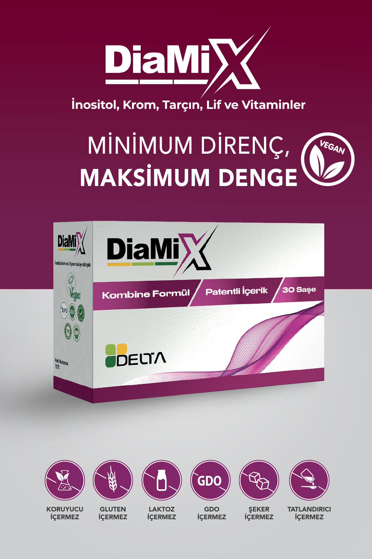 Diamix İnositol Krom Tarçın Lif Vitamin içeren Takviye Edici Gıda 30 Saşe