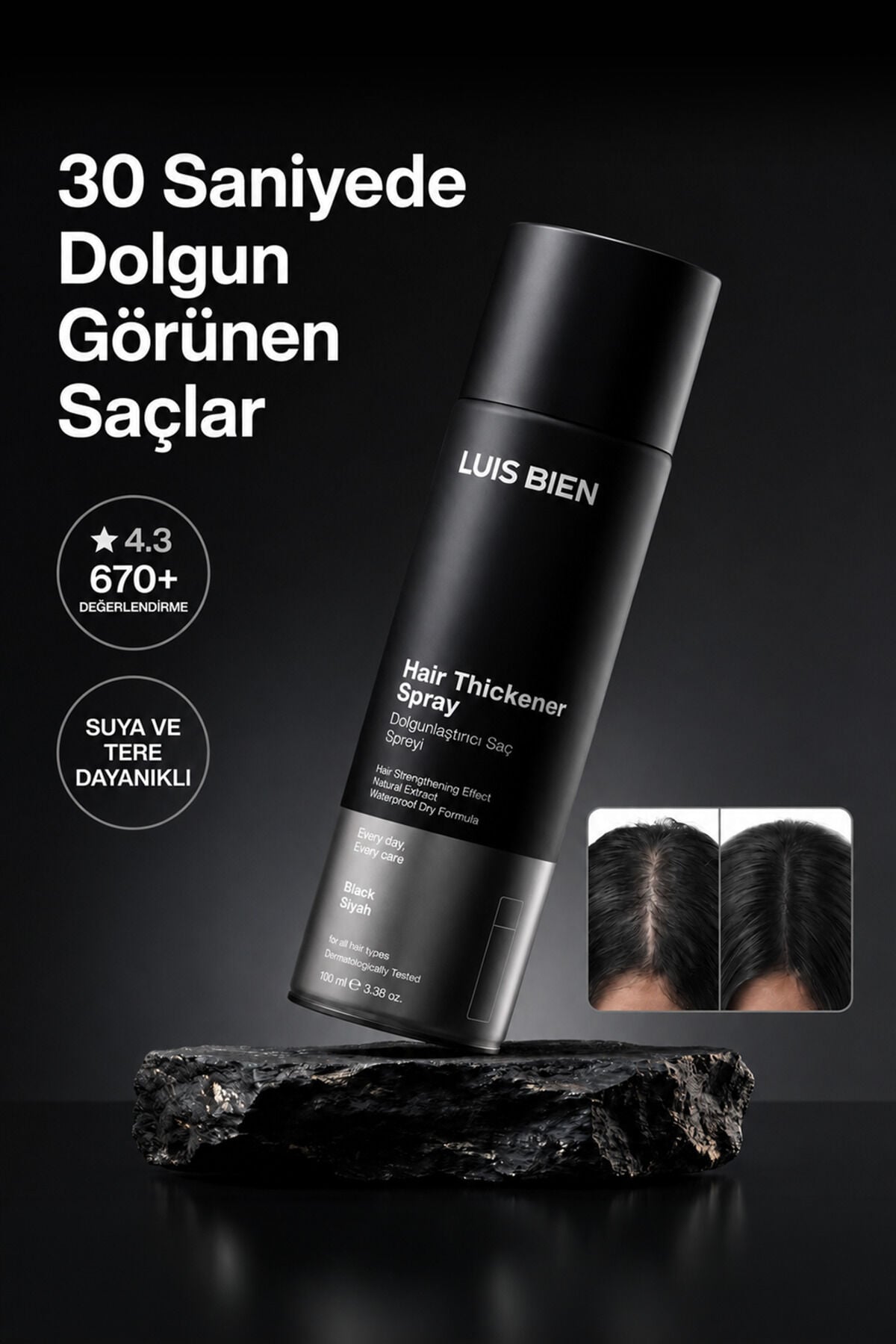 Dolgunlaştırıcı Saç Spreyi Siyah 100 ml – Suya Dayanıklı Amonyaksız Geçici Fiber Sprey