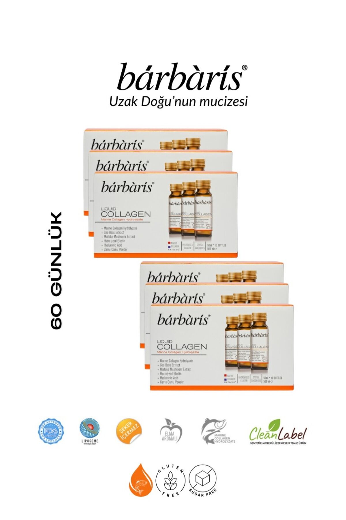 Liquid Collagen (Balık Kolajeni Tip1-3) - 6'lı Paket (50ml x 60 adet) - Kolajen Hidrolizat, Balık Ekstraktı, Hyalüronik Asit ve Hidrolize Elastin İçeren Takviye Edici Gıda