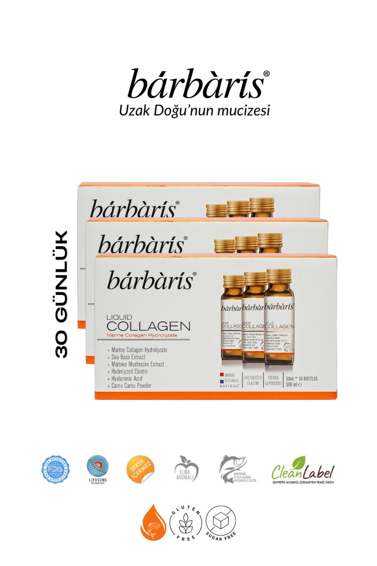 Liquid Collagen (Balık Kolajeni Tip1-3) - 3'lü Paket (50ml x 30 adet) - Kolajen Hidrolizat, Balık Ekstraktı, Hyalüronik Asit ve Hidrolize Elastin İçeren Takviye Edici Gıda