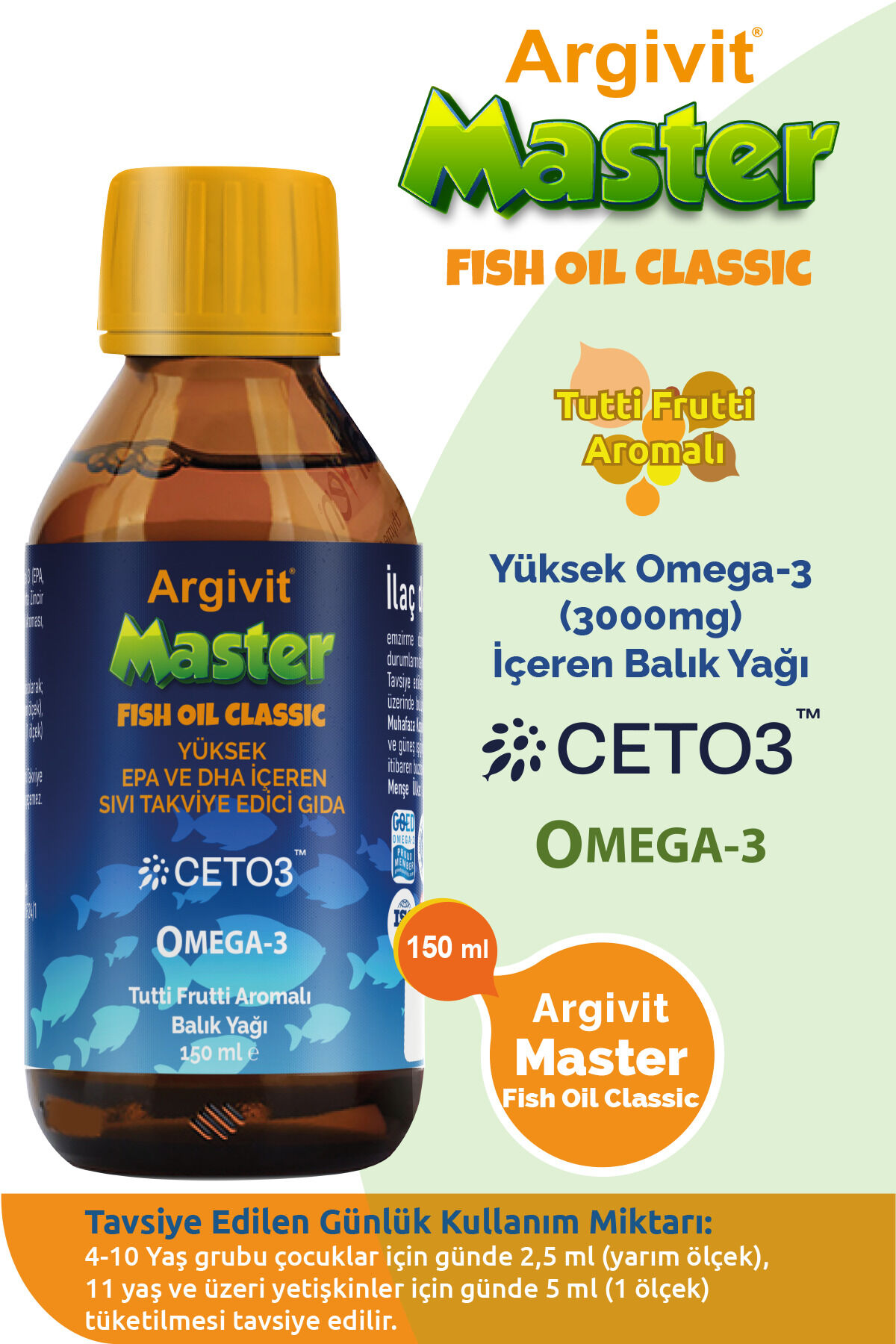 Master Fish Oil Yüksek Omega-3 (3000MG) Içeren Balık Yağı 150 ml - Tutti Frutti Aromalı