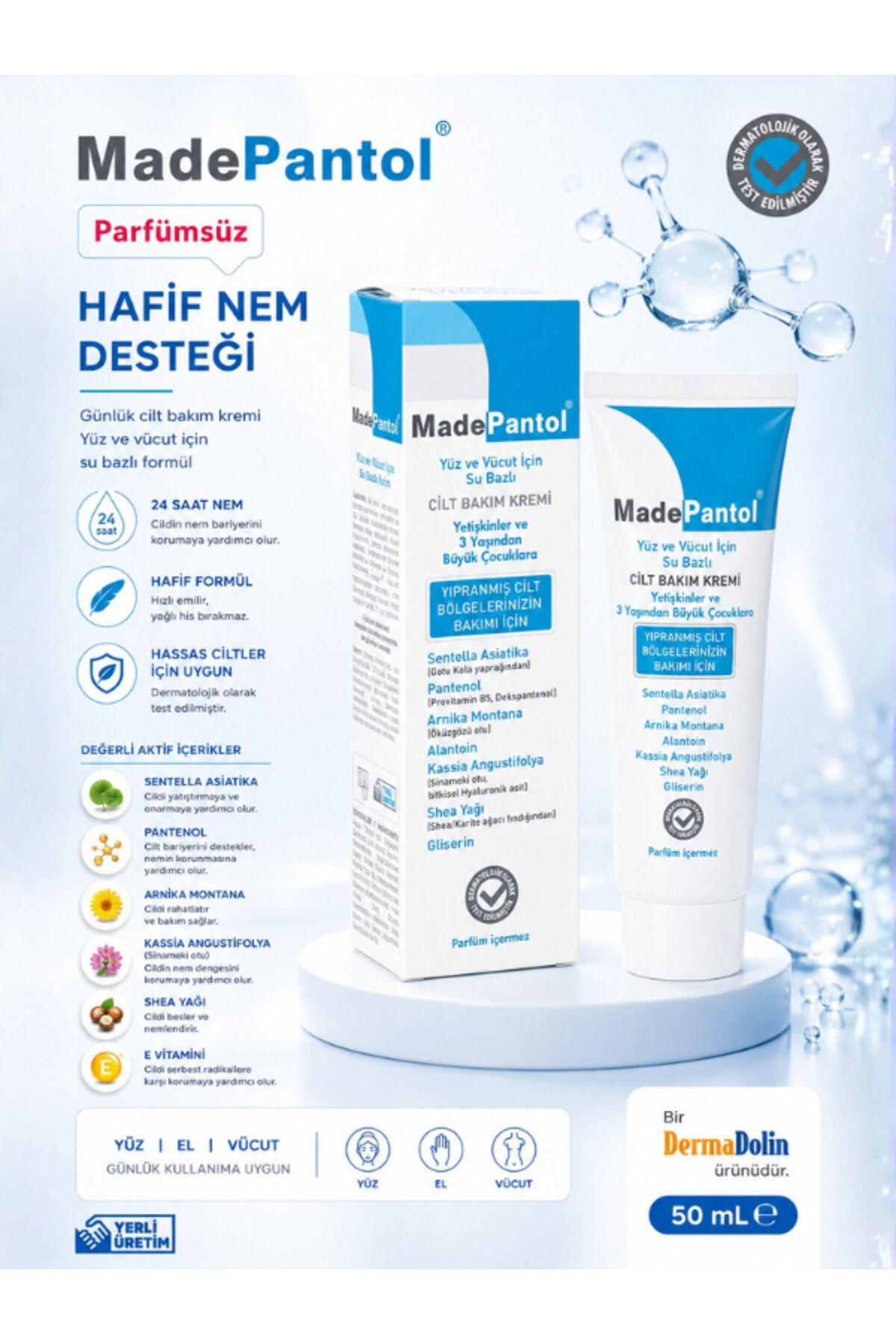 MadePantol Su Bazlı Nemlendirici Cilt Bakım Kremi 50 ml Hassas Ciltler İçin