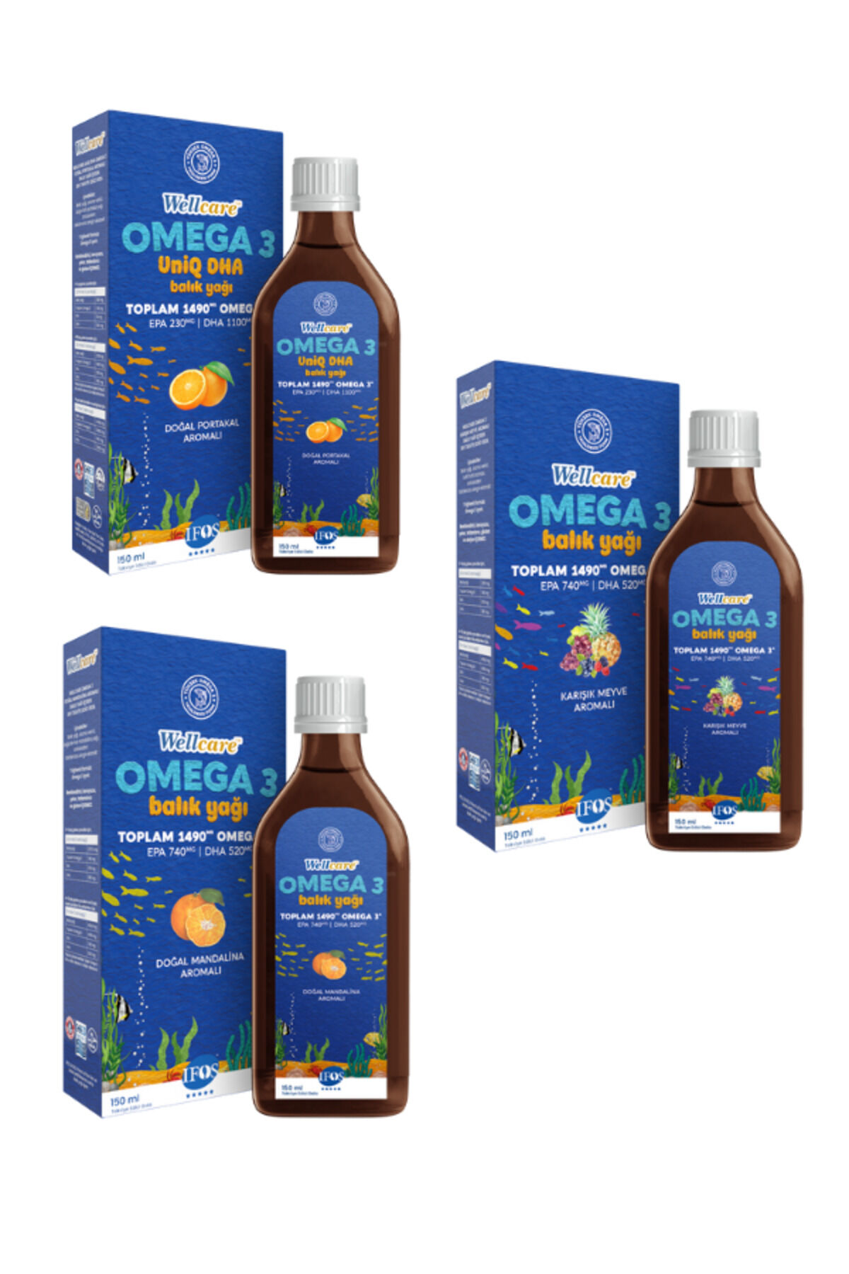 Omega 3 Doğal Portakal Balık Yağı 150 ml & Doğal Mandalina 150 ml & Karışık Meyve 150 ml
