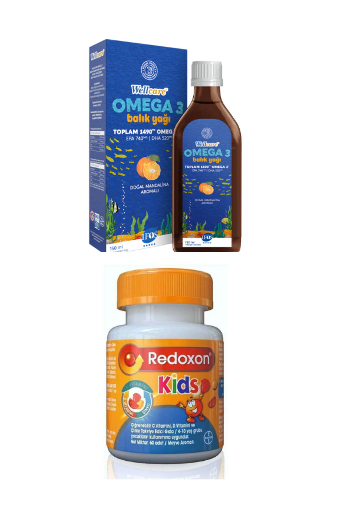 Omega 3 Doğal Mandalina Aromalı Balık Yağı 150 ml & Redoxon Kids 60 Çiğnenebilir Tablet