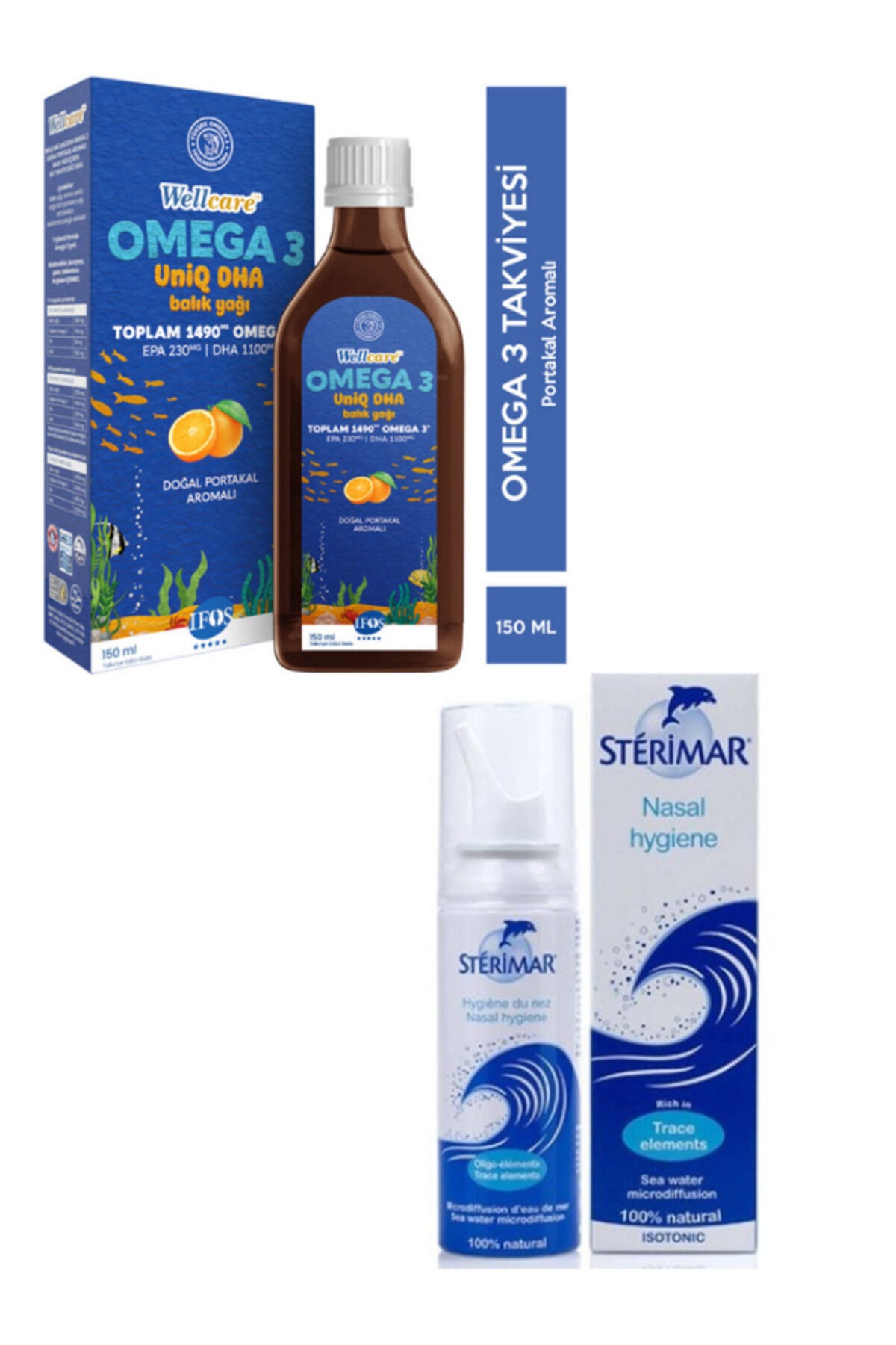 Omega 3 Doğal Portakal Aromalı Balık Yağı 150 ml & Sterimar Deniz Suyu Burun Spreyi 50 ml