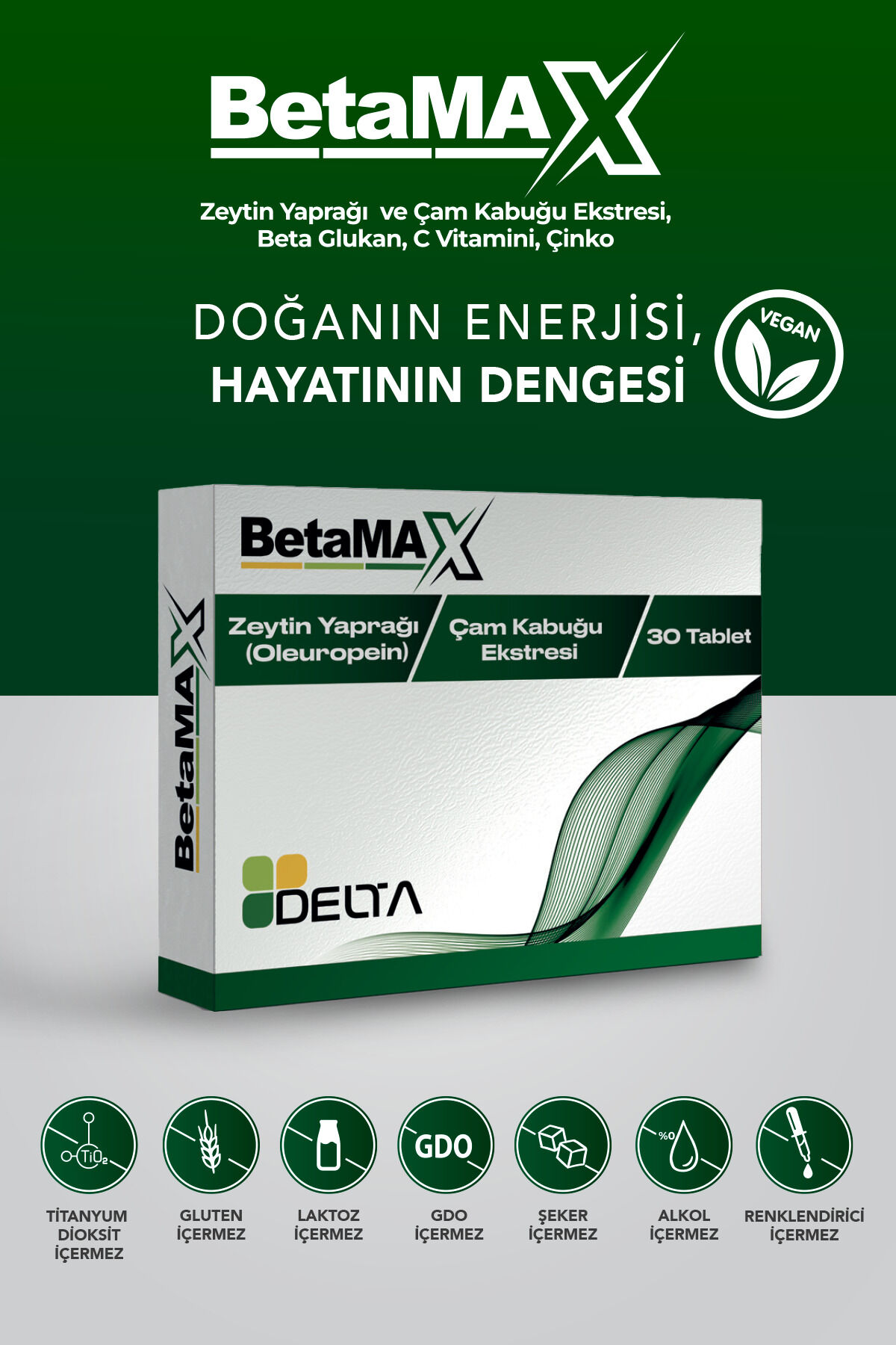 Betamax Zeytin Yaprağı Sahil Çamı Kabuğu Ekstresi, B-Glukan C Vitamini İçeren Takviye Edici Gıda 30 Tablet