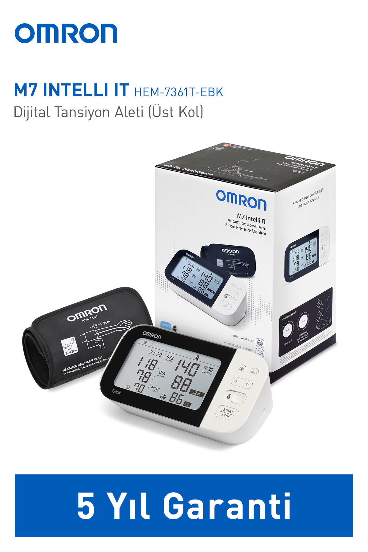M7 Intelli IT Üst Koldan Dijital Pilli Tansiyon Aleti – AFib Göstergeli, Bluetooth, Akıllı Manşetli