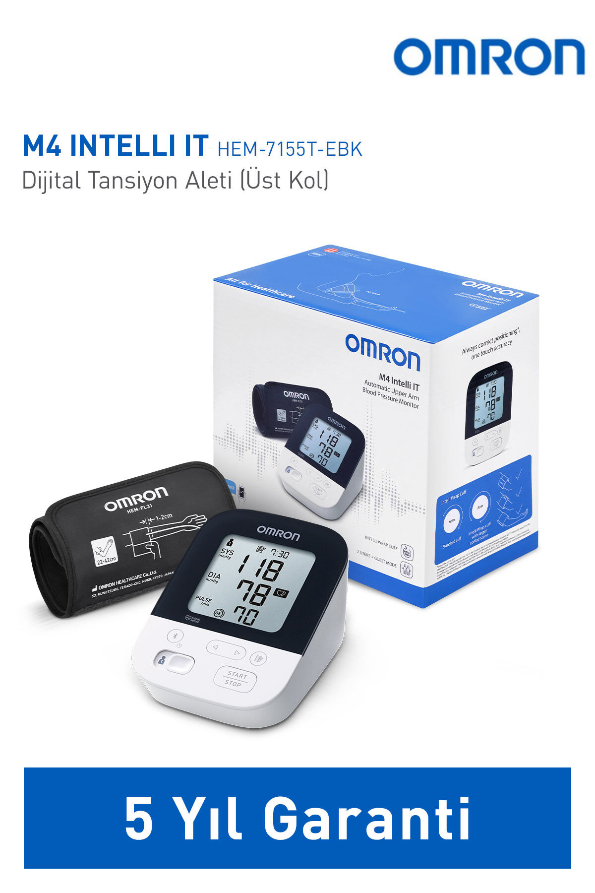 M4 Intelli IT Üst Koldan Tansiyon Aleti – Bluetooth, Akıllı Manşetli, 2 Kullanıcılı, 5 Yıl Garantili