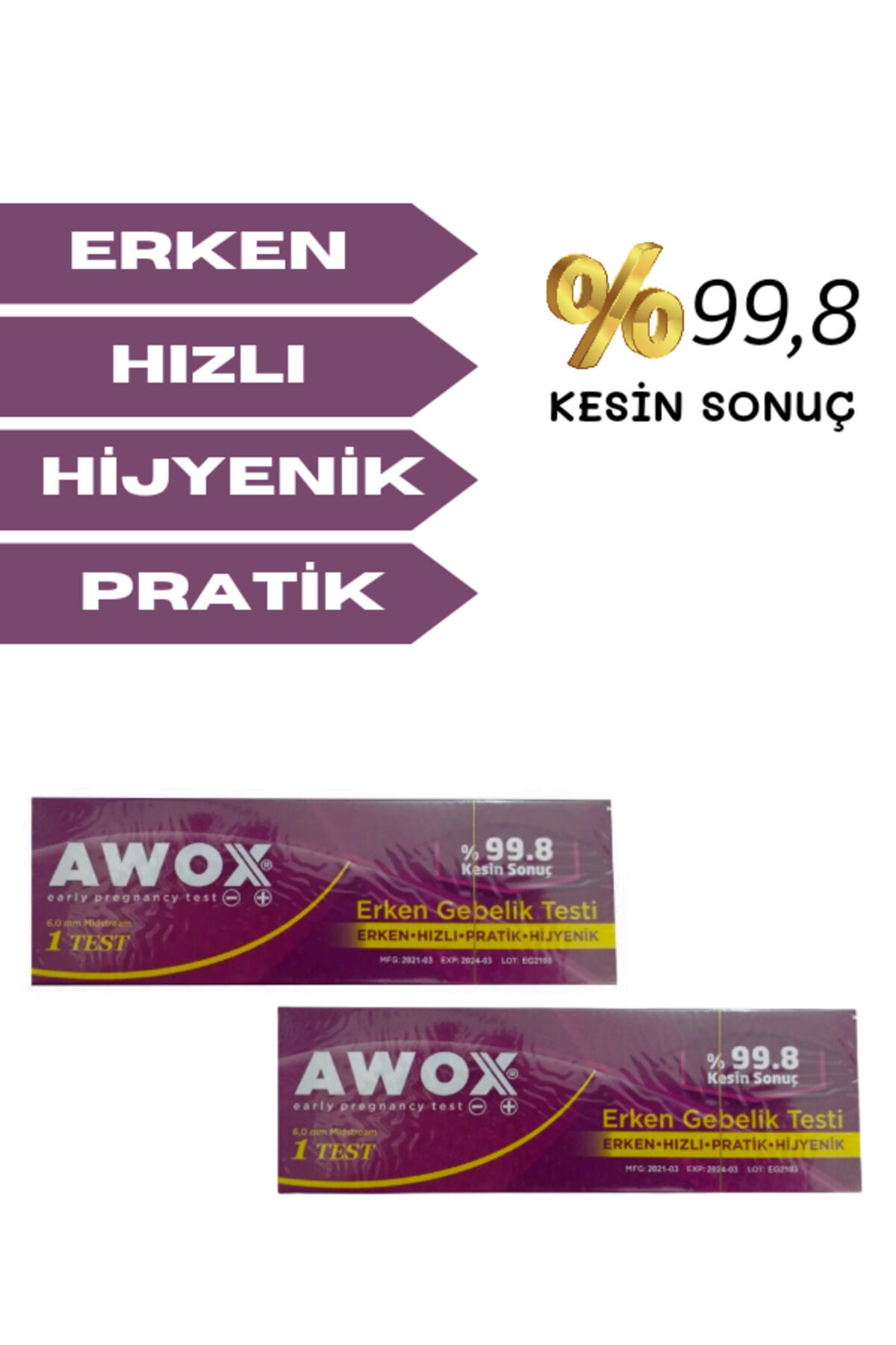 Erken Gebelik Testi AWOX Erken Gebelik Testi %99,8 Kesin Sonuç- 2ADET