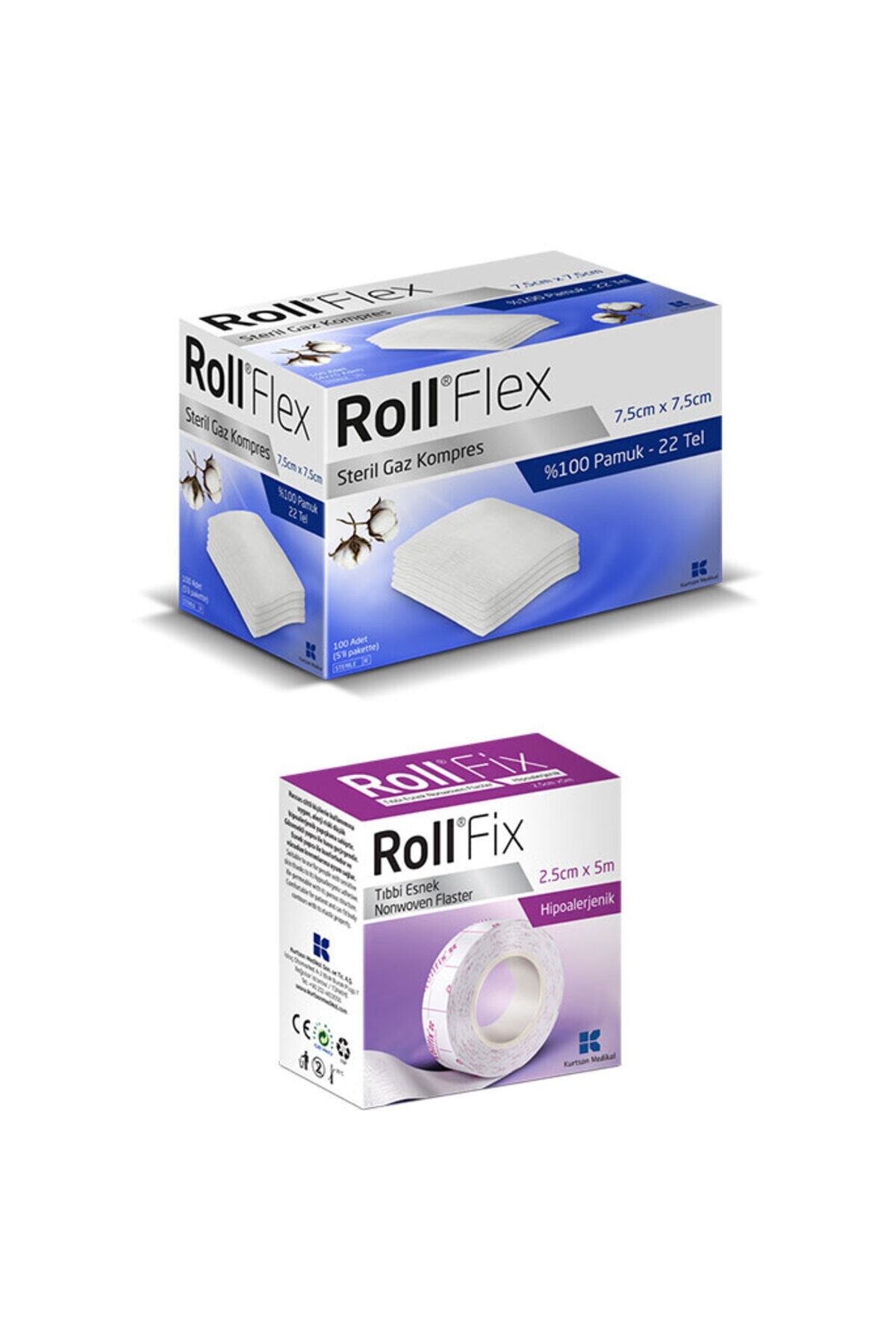 Roll FLEX Steril Gaz Kompres Gazlı Bez Spanç 7.5cm x 7.5cm 100'lü   Tıbbi Esnek Flaster 2.5cm x 5mt