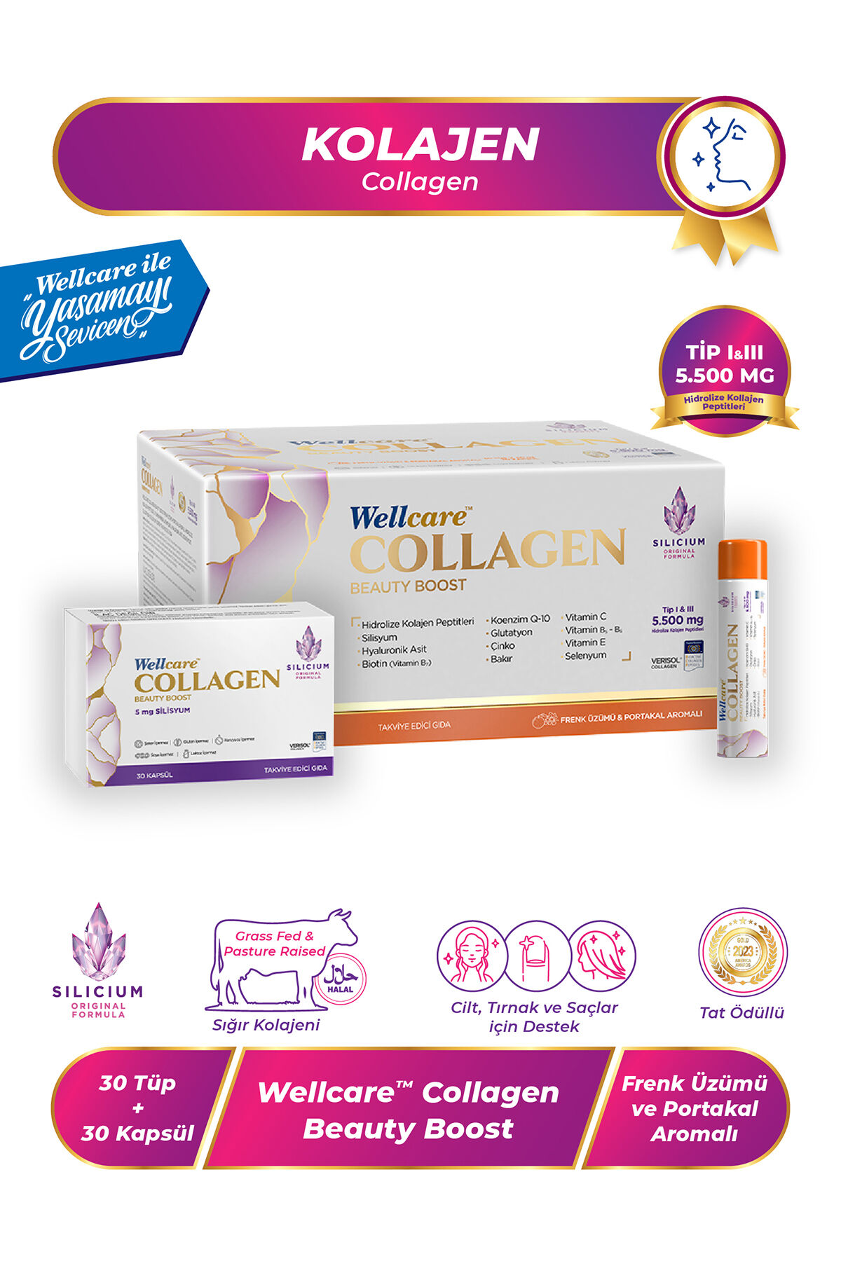 Collagen Beauty Boost Frenk Üzümü & Portakal Aromalı 5.500 mg Likit Form-30 Tüp & 30 Silisyum Kapsül