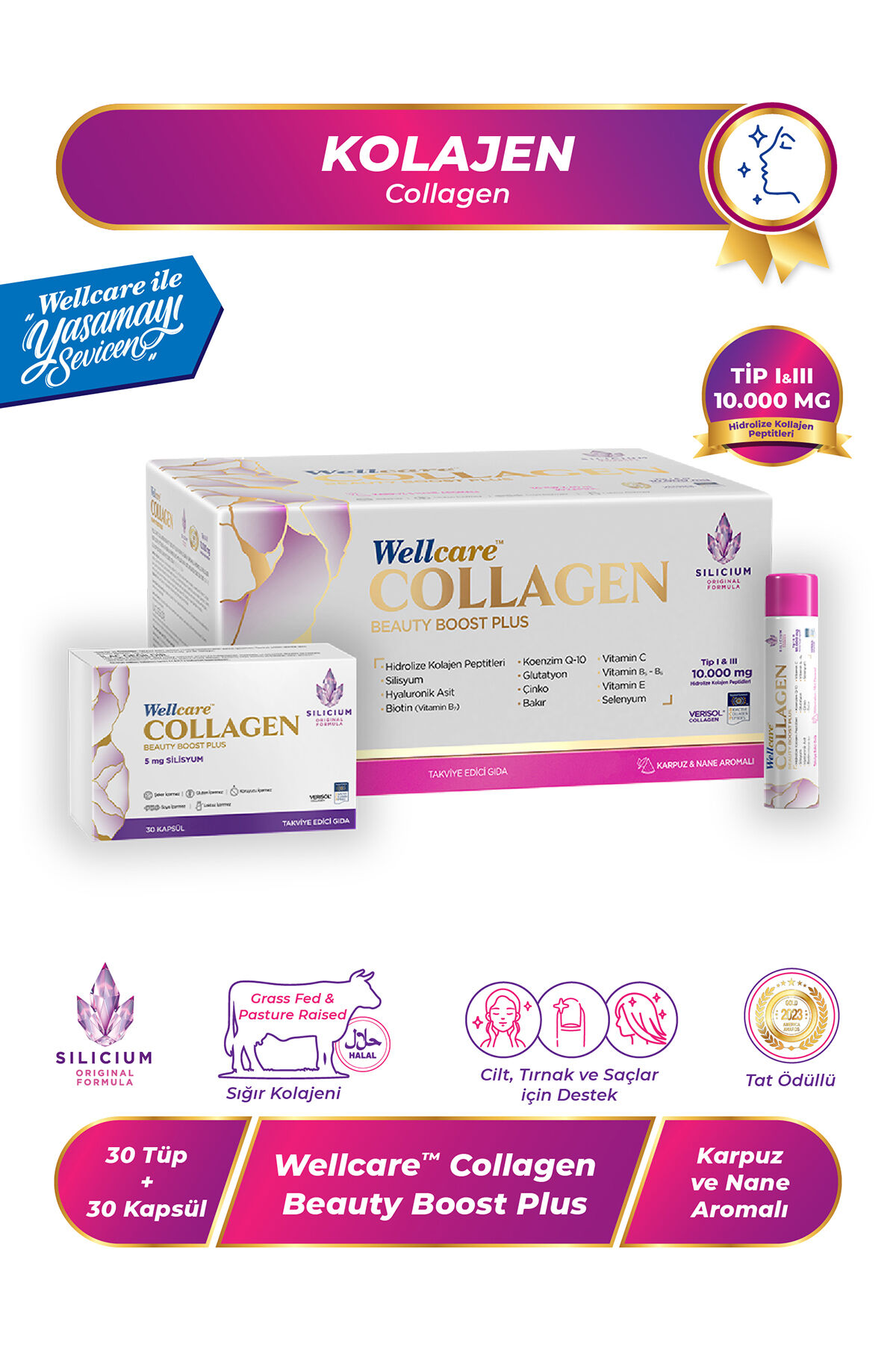 Collagen Beauty Boost Plus Karpuz Nane Aromalı 10.000 mg Likit Form - 30 Tüp & 30 Silisyum Kapsül