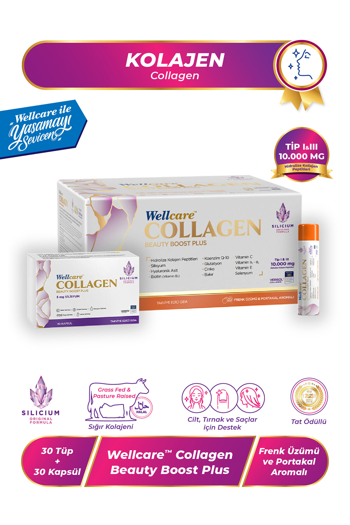 Collagen Beauty Boost Plus Frenk Üzümü & Portakal Aromalı 10.000 mg - 30 Tüp & 30 Silisyum Kapsül