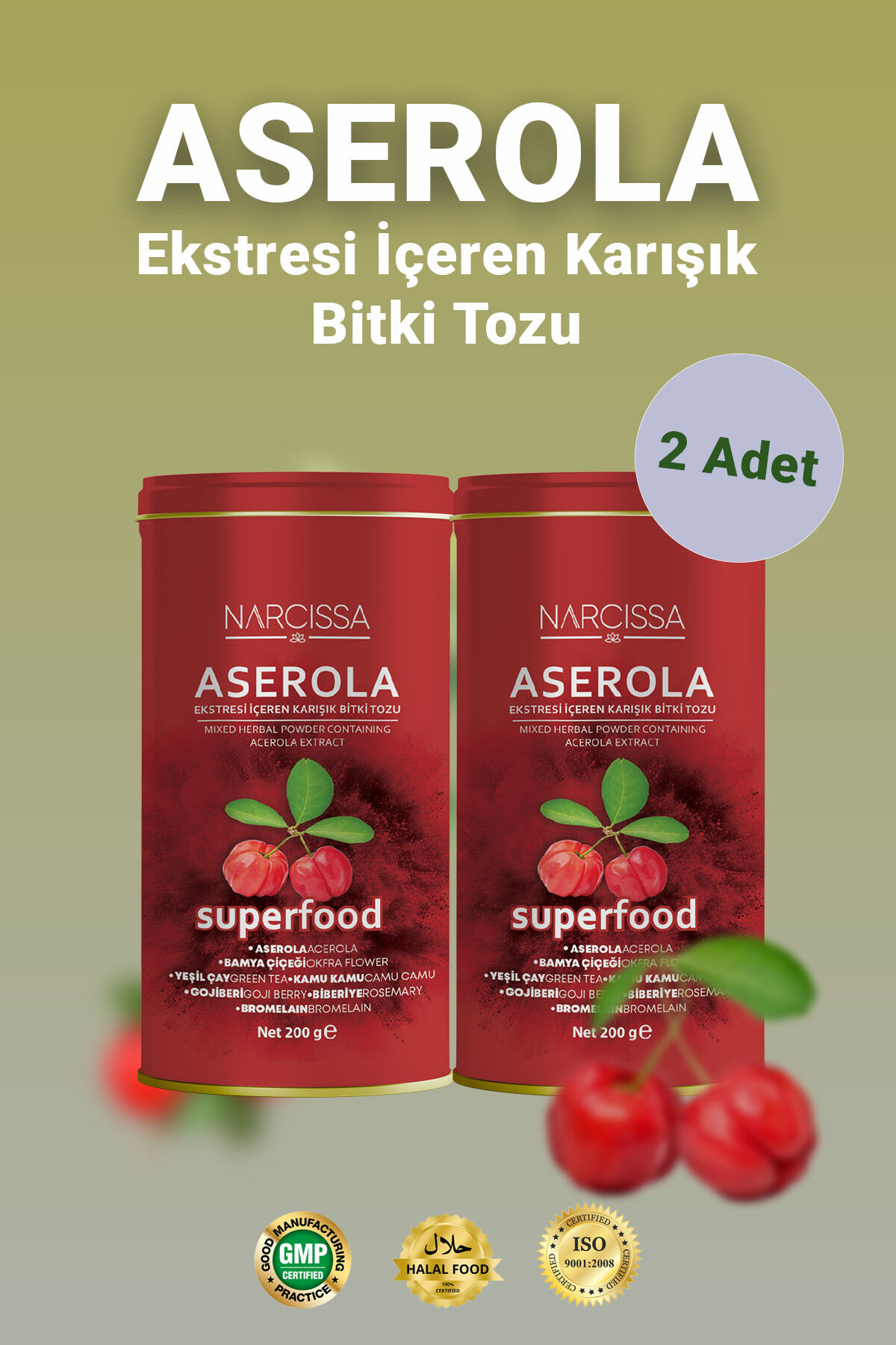 2 Adet - Aserola Ekstresi içeren Karışık Bitki Tozu - Aserola Detoks Form Çayı