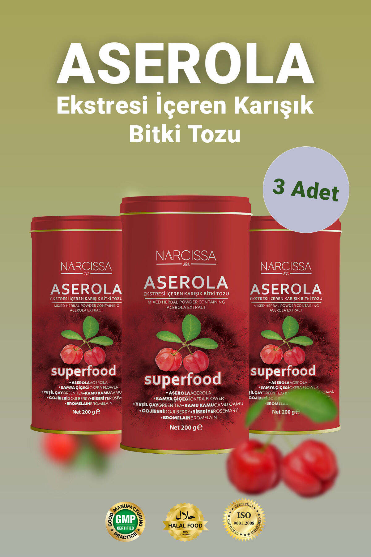 3 Adet - Aserola Ekstresi içeren Karışık Bitki Tozu - Aserola Detoks Form Çayı
