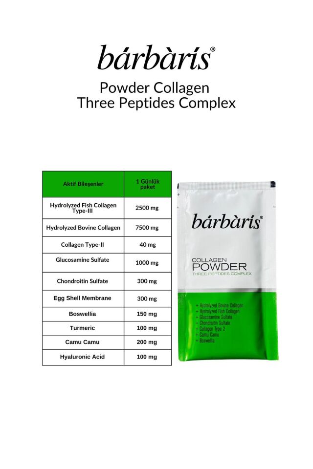 Collagen Powder Three Peptides Complex (Balık, Sığır, Tavuk) Tip1-2-3 - 60 Şase (Shaker Hediye) İçeren Takviye Edici Gıda