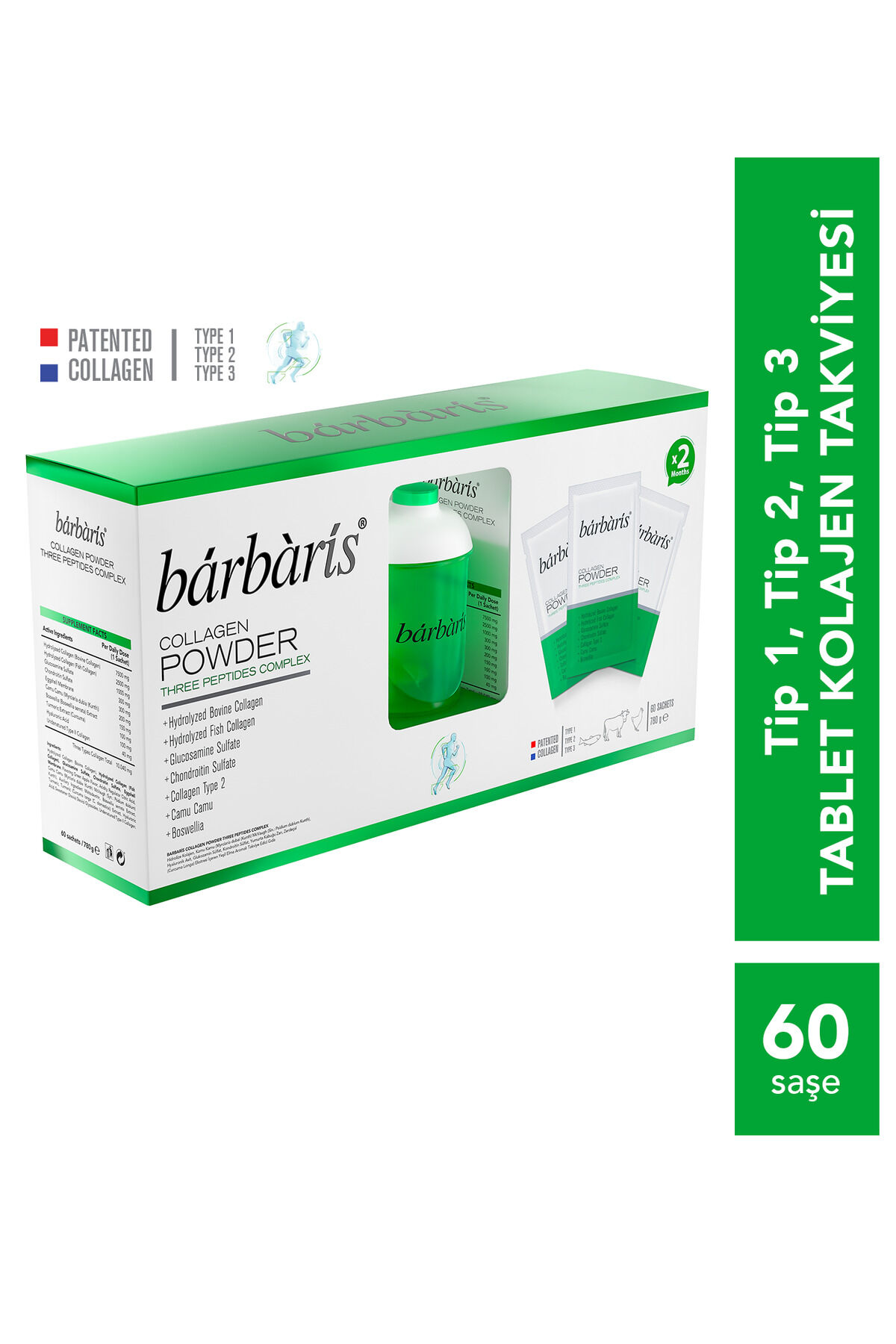 Collagen Powder Three Peptides Complex (Balık, Sığır, Tavuk) Tip1-2-3 - 60 Şase (Shaker Hediye) İçeren Takviye Edici Gıda