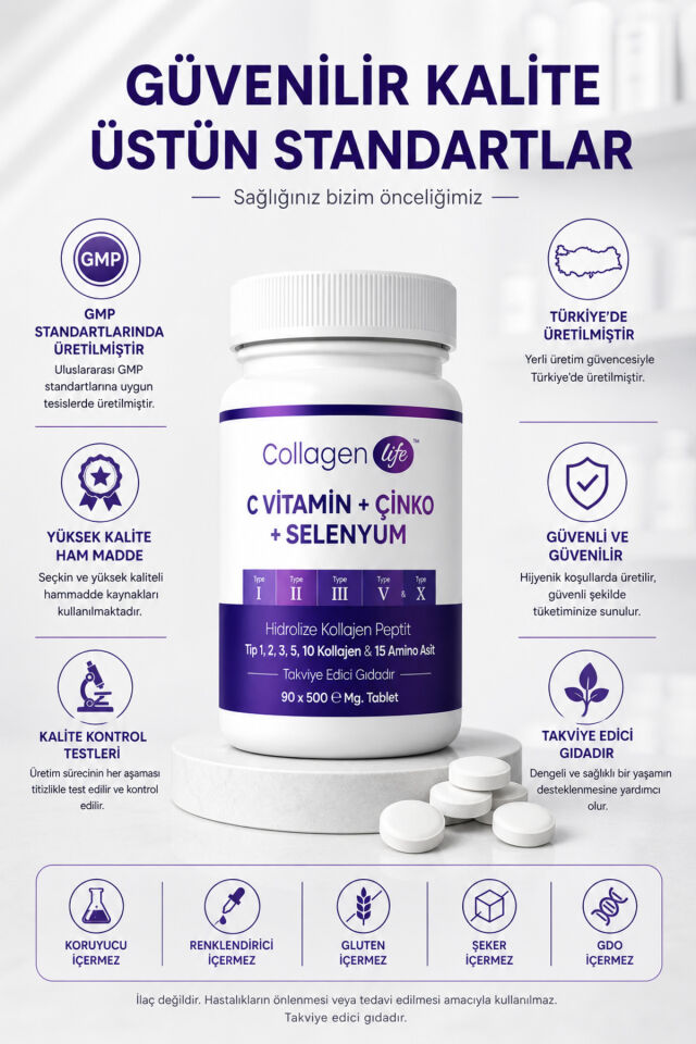 5 Tip Hidrolize Kolajen Tip 1, 2, 3, 5 ve 10 Kolajen & 15 Aminoasit 90 Tablet - C Vitamini, Çinko ve Selenyum İçerikli