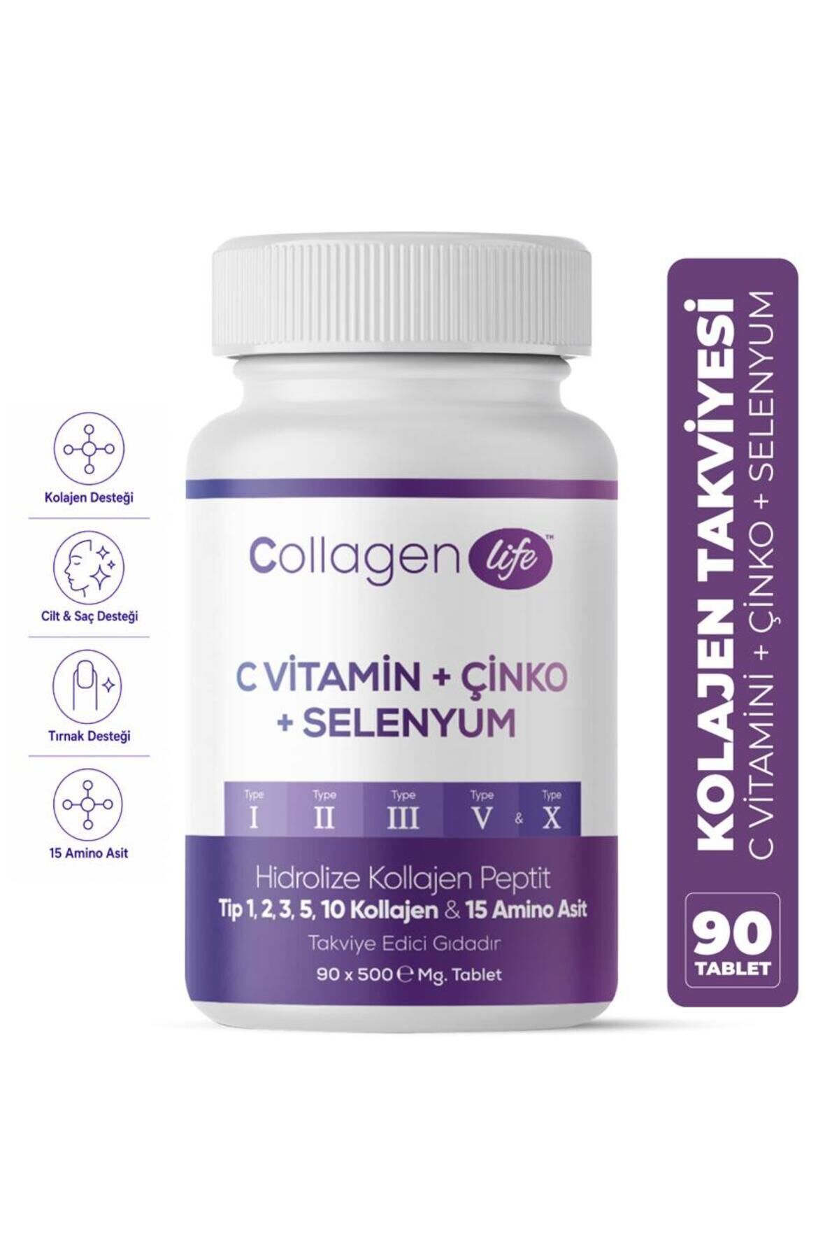 5 Tip Hidrolize Kolajen Tip 1, 2, 3, 5 ve 10 Kolajen & 15 Aminoasit 90 Tablet - C Vitamini, Çinko ve Selenyum İçerikli