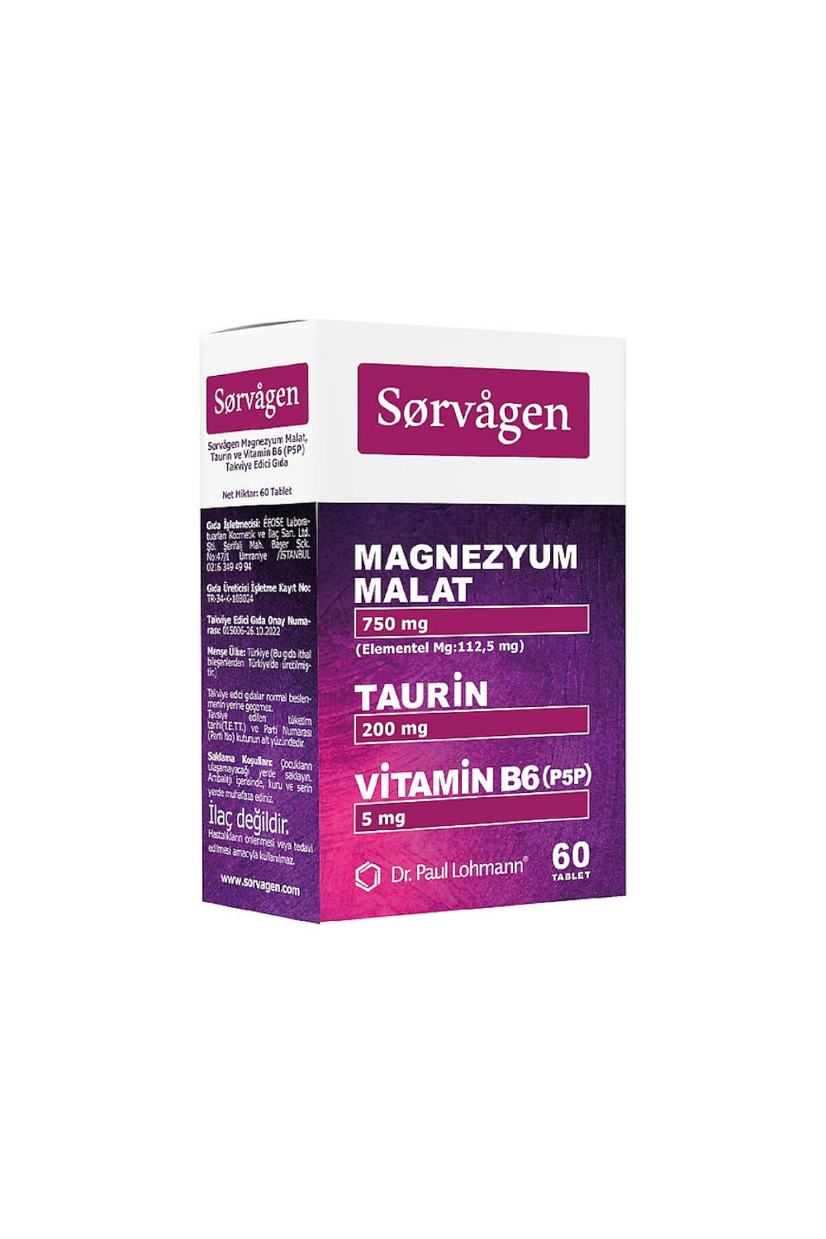 Magnezyum Malat, Taurin ve Vitamin B6 İçeren Takviye Edici Gıda 60 Tablet