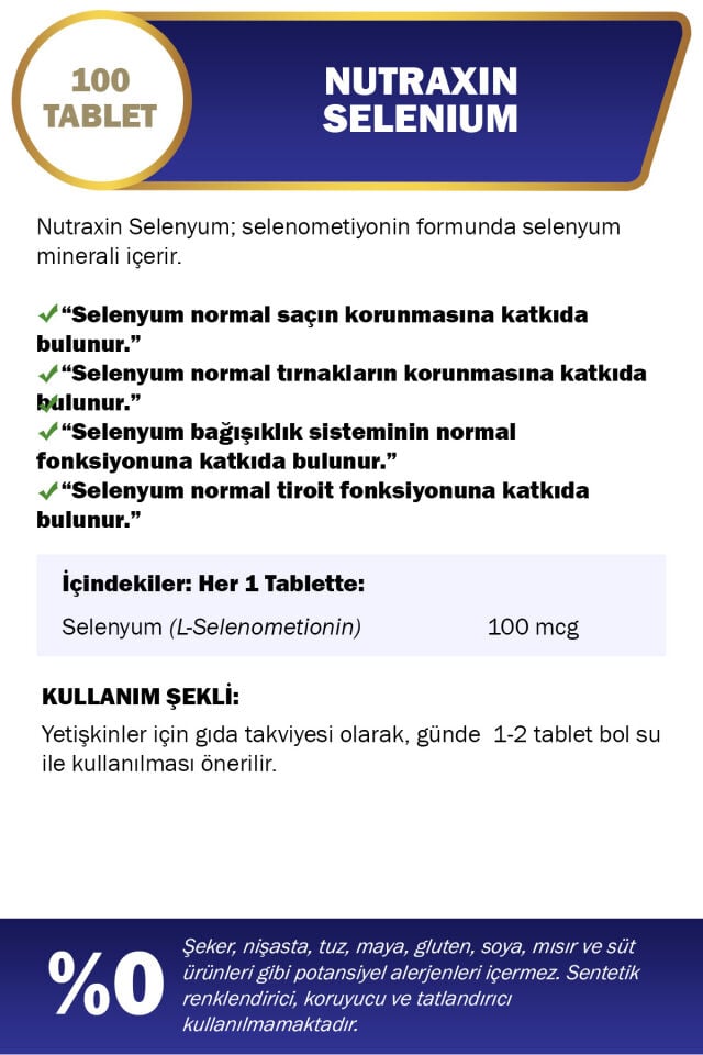 NUTRAXIN SELENIUM TABLET 100 MCG 100 TABLETLIK AMBALAJ