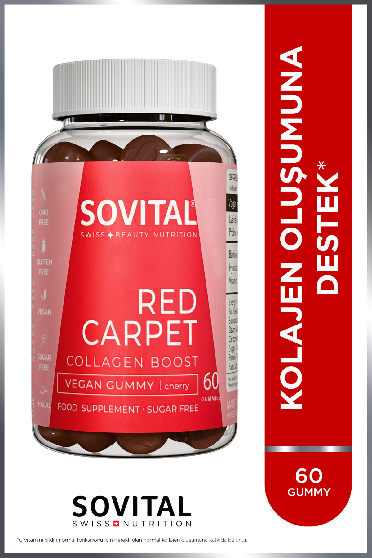 Red Carpet Kolajen Oluşumuna Destek Vişne Aromalı,Çiğnenebilir,Vegan,Şekersiz 60 Gummy