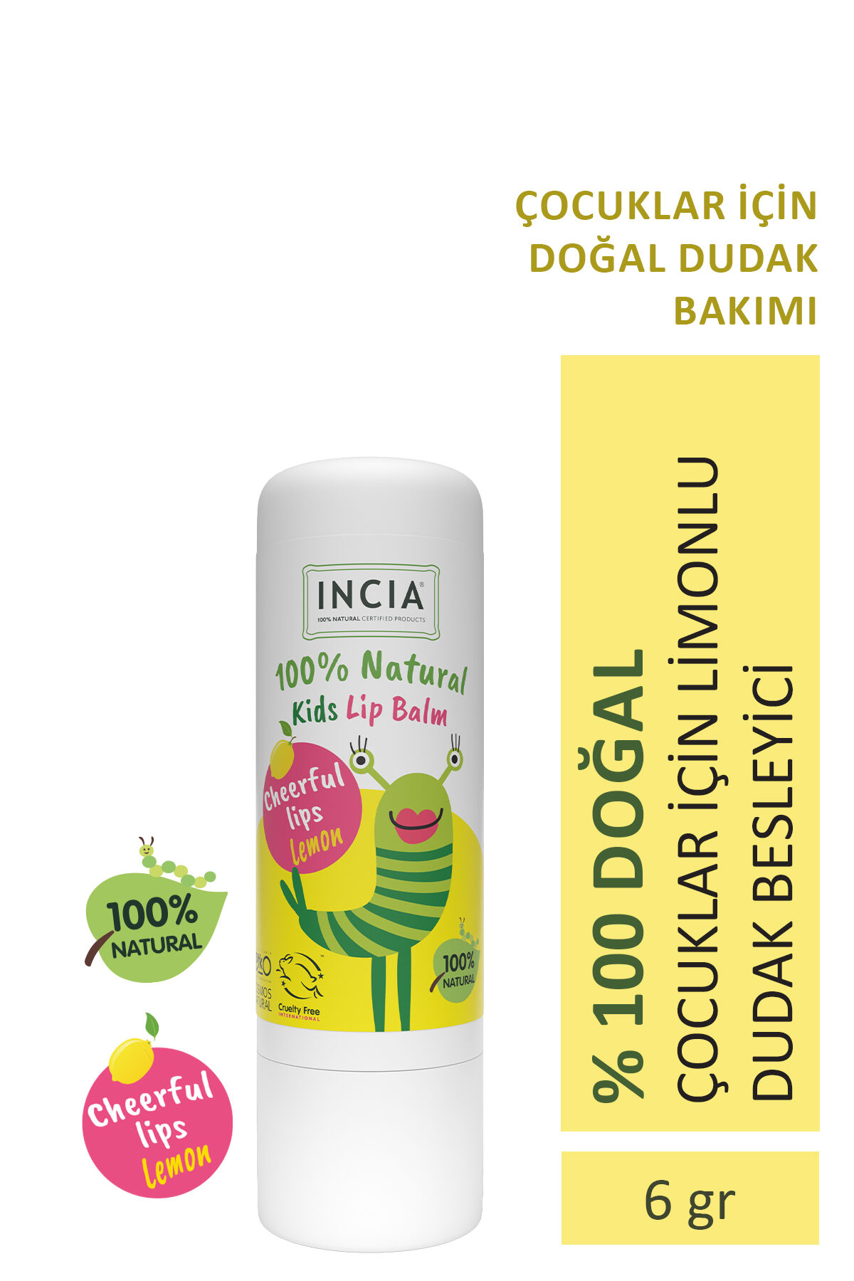 %100 Doğal Kids Dudak Besleyici Limon Bitkisel Nemlendirici Dudak Bakım Kremi 6 G