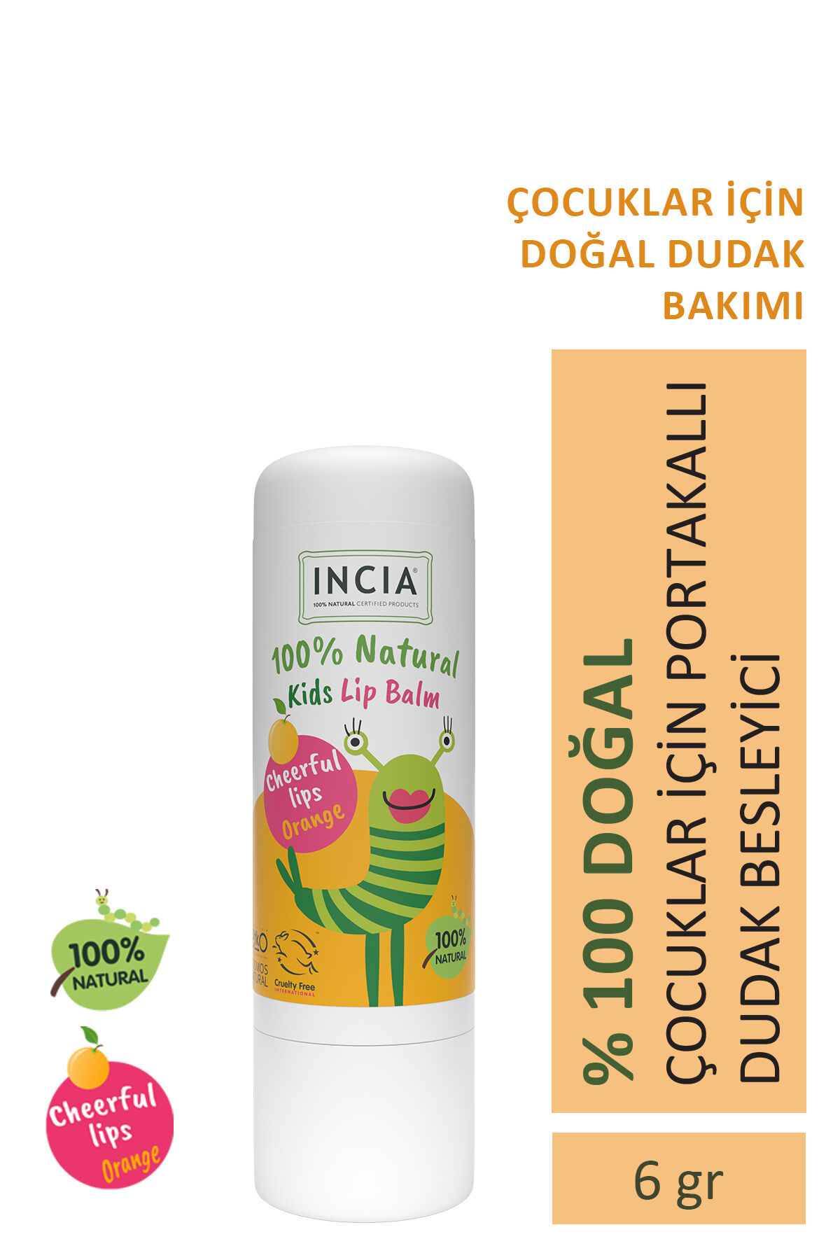 %100 Doğal Kids Dudak Besleyici Portakal Bitkisel Nemlendirici Dudak Bakım Kremi 6 G