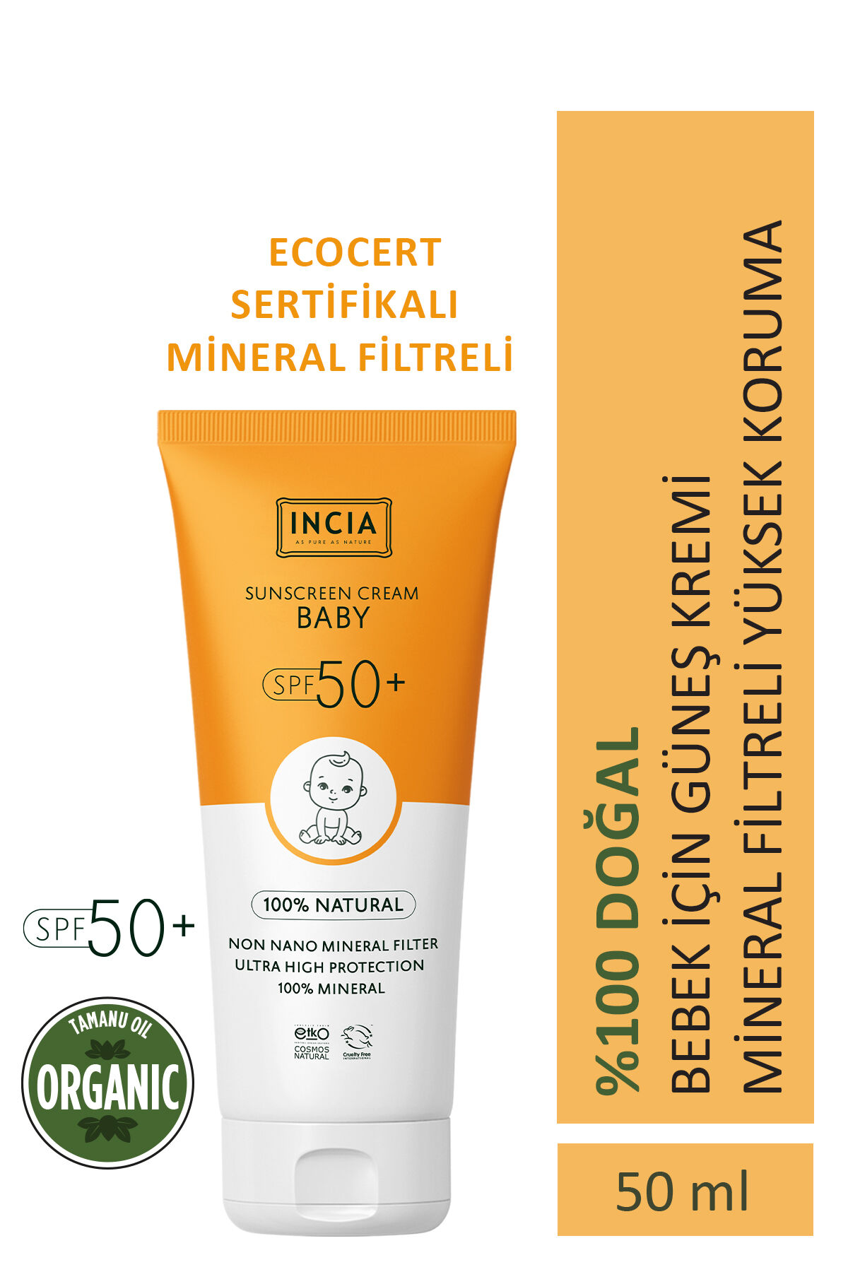 %100 Doğal Bebek Güneş Kremi Leke Karşıtı Mineral Filtreli Yüksek Koruma SPF 50+ UVA UVB 50 ml